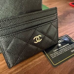CHANEL Textured Black Card Holder with Gold Logo